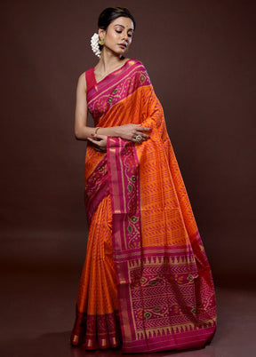 Orange Pochampally Pure Silk Saree With Blouse Piece - Indian Silk House Agencies