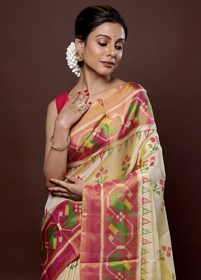 Cream Pochampally Pure Silk Saree With Blouse Piece - Indian Silk House Agencies