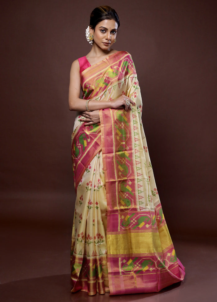 Cream Pochampally Pure Silk Saree With Blouse Piece - Indian Silk House Agencies