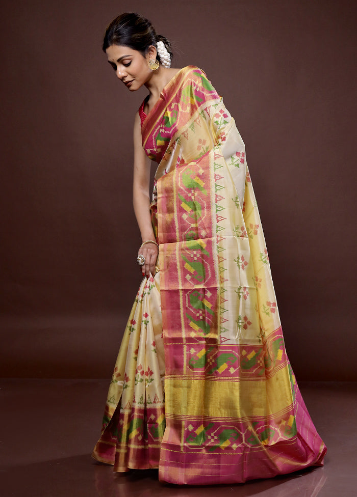 Cream Pochampally Pure Silk Saree With Blouse Piece - Indian Silk House Agencies