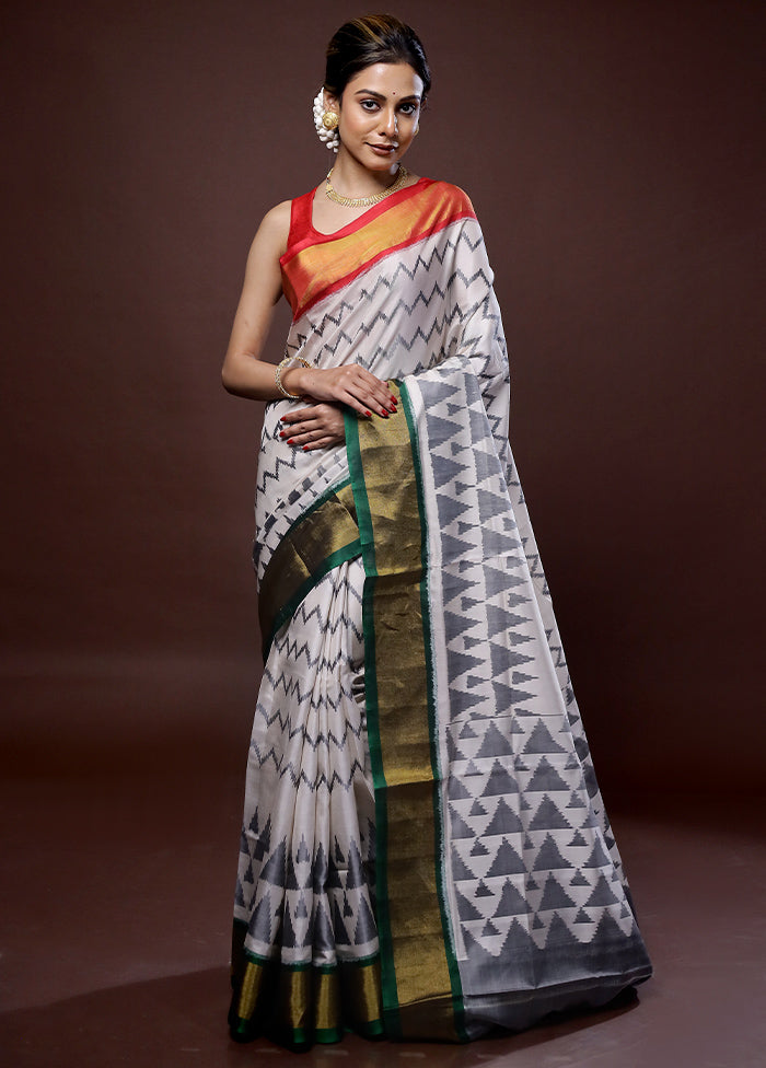 Cream Pochampally Pure Silk Saree With Blouse Piece - Indian Silk House Agencies