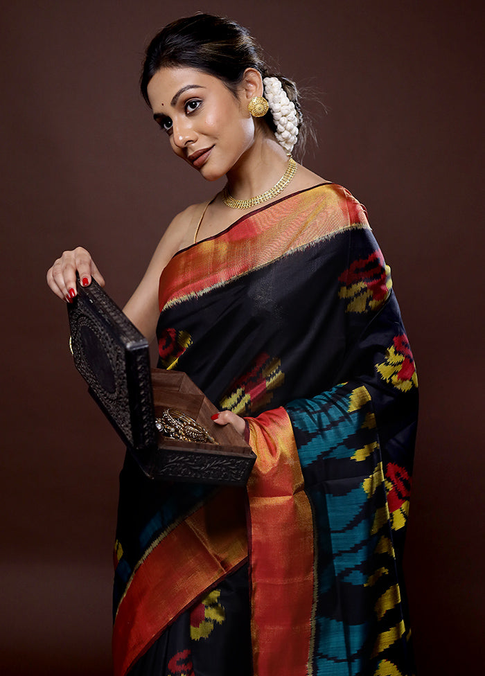 Black Pochampally Pure Silk Saree With Blouse Piece - Indian Silk House Agencies