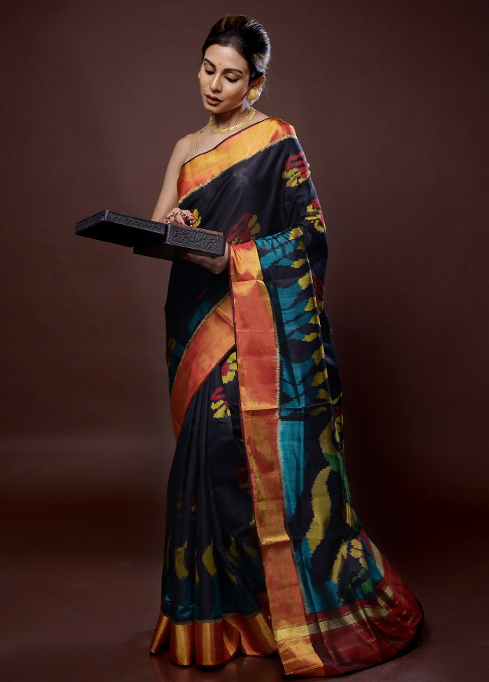 Black Pochampally Pure Silk Saree With Blouse Piece - Indian Silk House Agencies