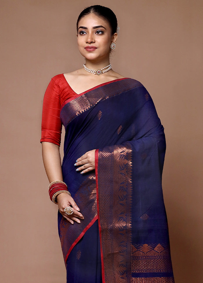 Blue Matka Silk Saree With Blouse Piece