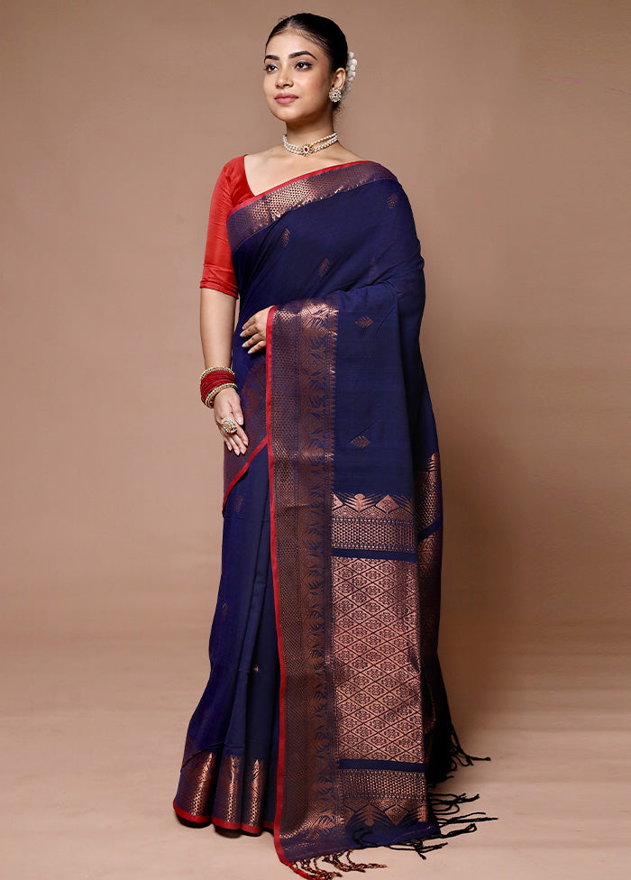 Blue Matka Silk Saree With Blouse Piece