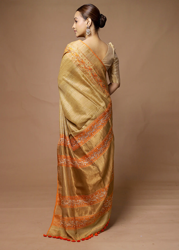 Cream Handloom Matka Pure Silk Saree With Blouse Piece