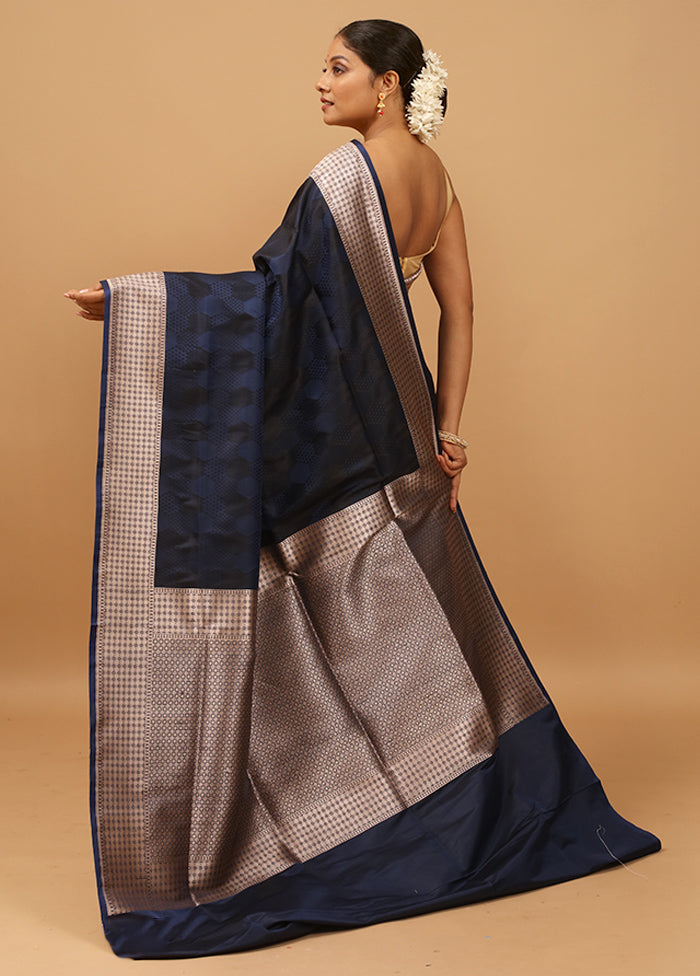 Blue Banarasi Silk Saree With Blouse Piece