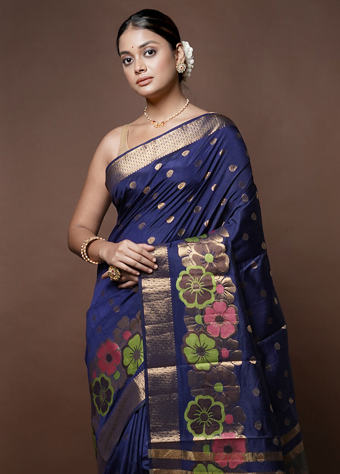 Blue Dupion Silk Saree With Blouse Piece