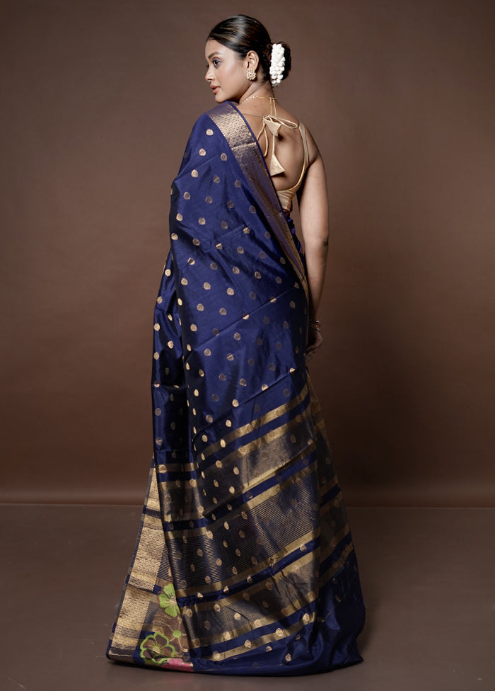 Blue Dupion Silk Saree With Blouse Piece