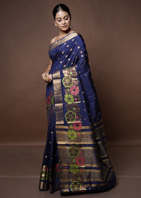 Blue Dupion Silk Saree With Blouse Piece