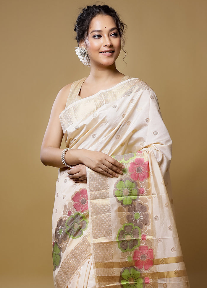 Cream Dupion Silk Saree With Blouse Piece