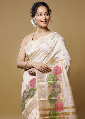 Cream Dupion Silk Saree With Blouse Piece