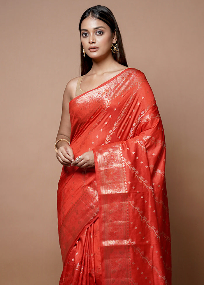 Red Dupion Silk Saree With Blouse Piece