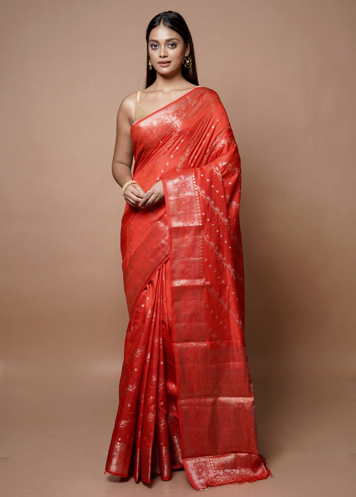 Red Dupion Silk Saree With Blouse Piece