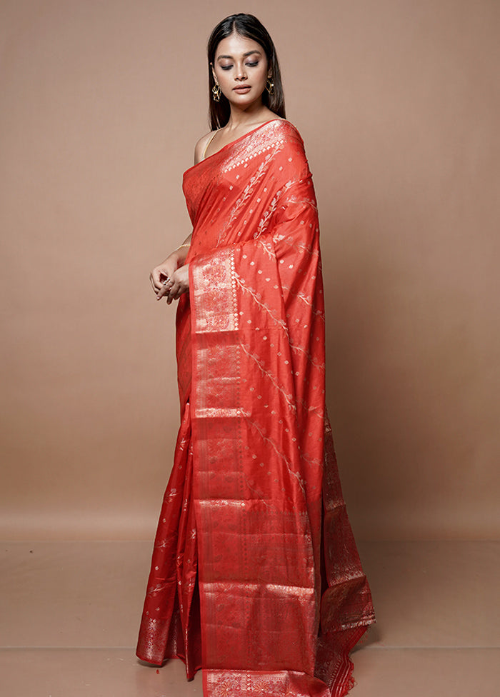 Red Dupion Silk Saree With Blouse Piece