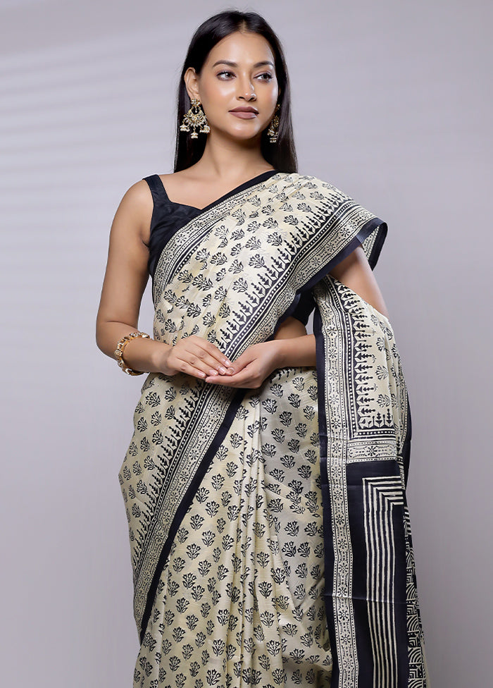 Cream Printed Pure Silk Saree Without Blouse Piece - Indian Silk House Agencies