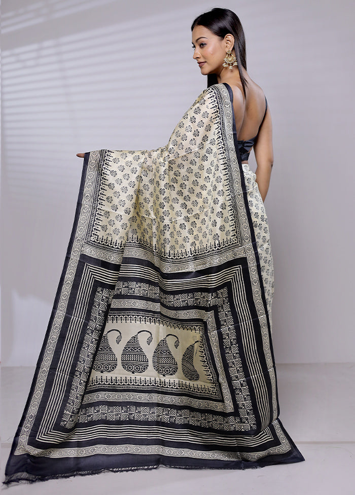 Cream Printed Pure Silk Saree Without Blouse Piece - Indian Silk House Agencies