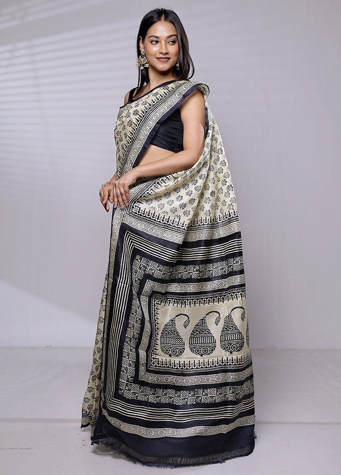 Cream Printed Pure Silk Saree Without Blouse Piece - Indian Silk House Agencies