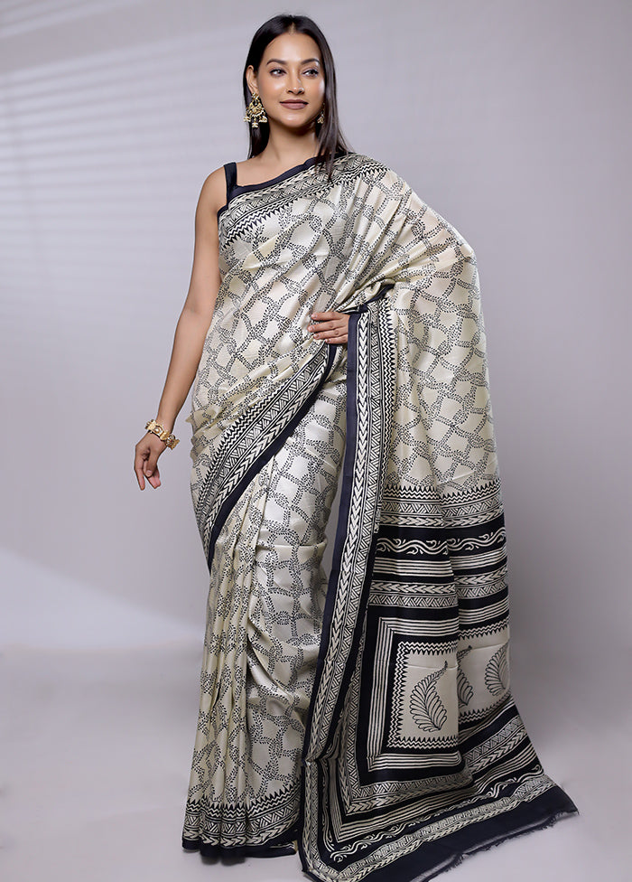 Cream Printed Pure Silk Saree Without Blouse Piece