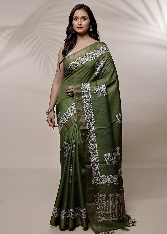 Green Tussar Pure Silk Saree With Blouse Piece - Indian Silk House Agencies