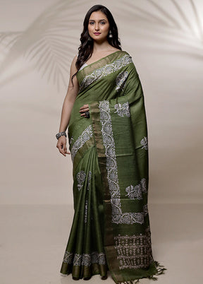 Green Tussar Pure Silk Saree With Blouse Piece - Indian Silk House Agencies