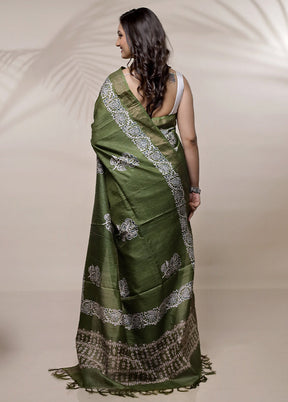 Green Tussar Pure Silk Saree With Blouse Piece - Indian Silk House Agencies