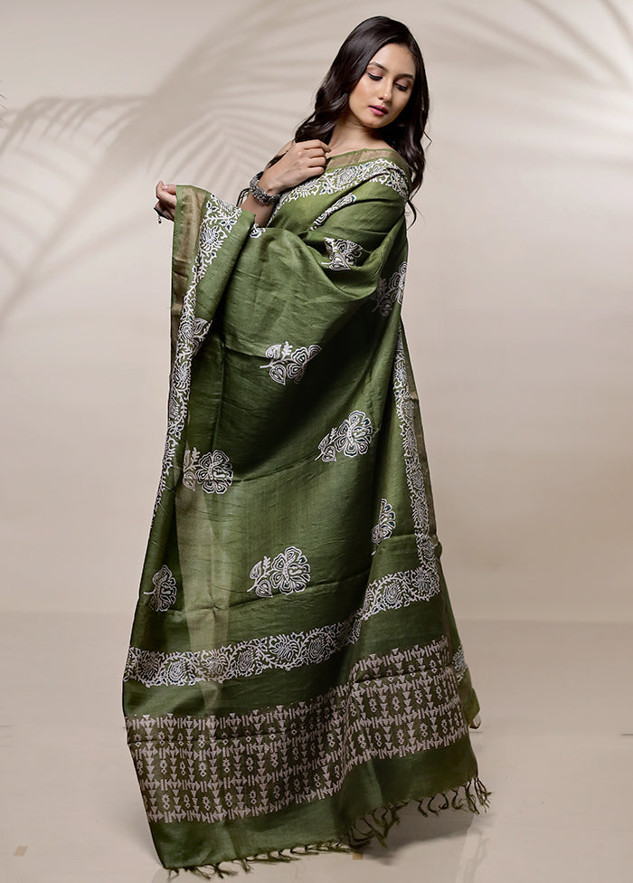 Green Tussar Pure Silk Saree With Blouse Piece - Indian Silk House Agencies