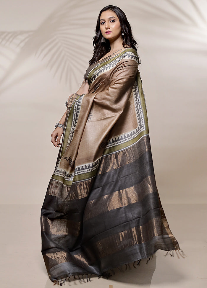 Brown Tussar Pure Silk Saree With Blouse Piece - Indian Silk House Agencies