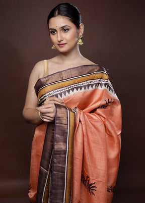 Peach Tussar Pure Silk Saree With Blouse Piece - Indian Silk House Agencies