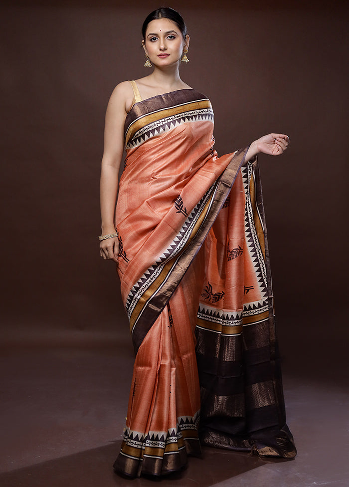 Peach Tussar Pure Silk Saree With Blouse Piece - Indian Silk House Agencies