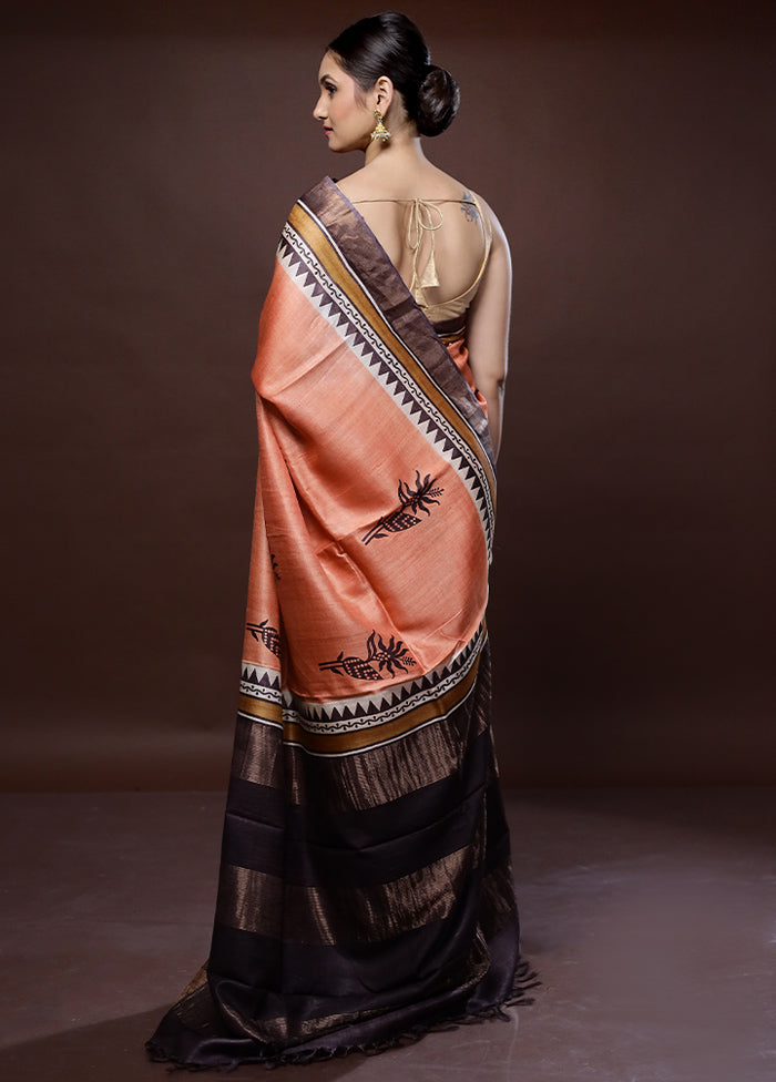 Peach Tussar Pure Silk Saree With Blouse Piece - Indian Silk House Agencies