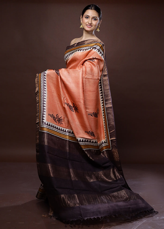 Peach Tussar Pure Silk Saree With Blouse Piece - Indian Silk House Agencies