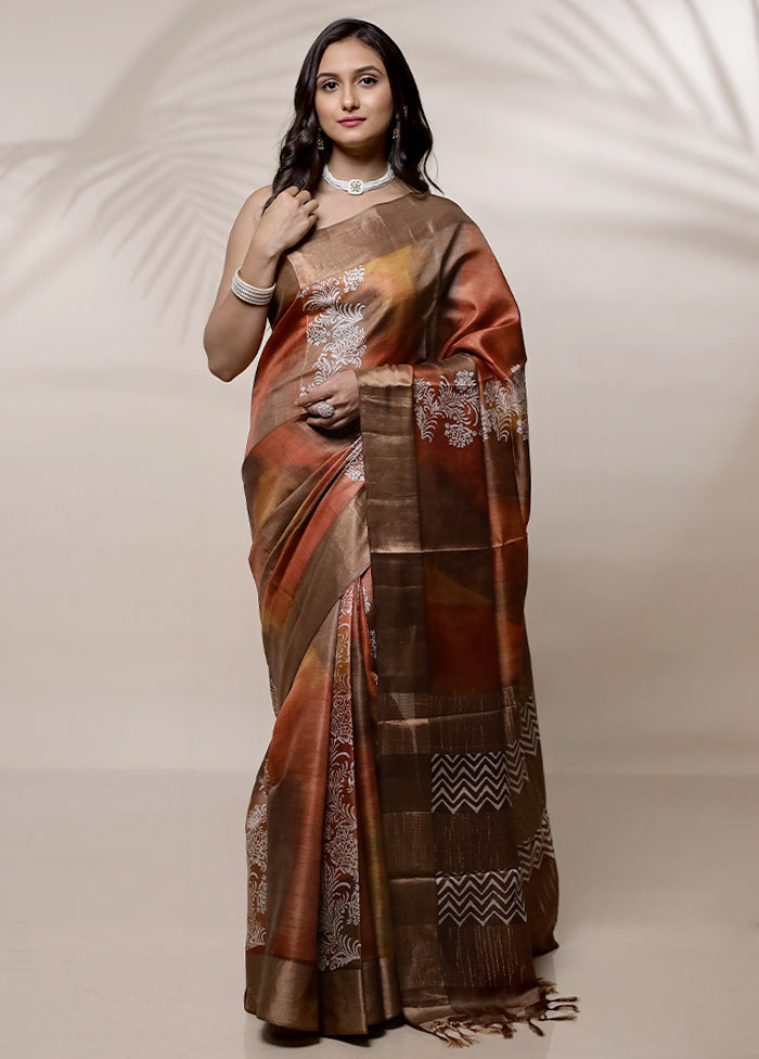 Peach Tussar Pure Silk Saree With Blouse Piece - Indian Silk House Agencies