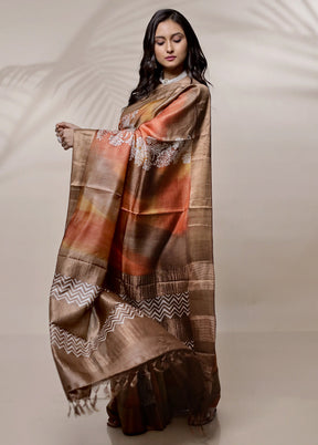 Peach Tussar Pure Silk Saree With Blouse Piece - Indian Silk House Agencies