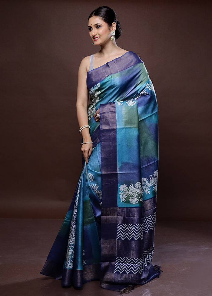 Blue Tussar Pure Silk Saree With Blouse Piece - Indian Silk House Agencies