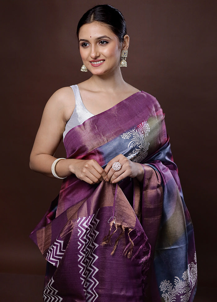 Purple Tussar Pure Silk Saree With Blouse Piece - Indian Silk House Agencies