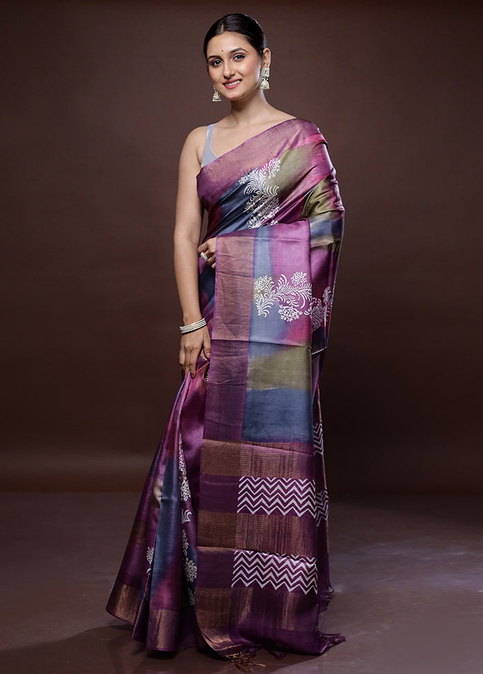 Purple Tussar Pure Silk Saree With Blouse Piece - Indian Silk House Agencies