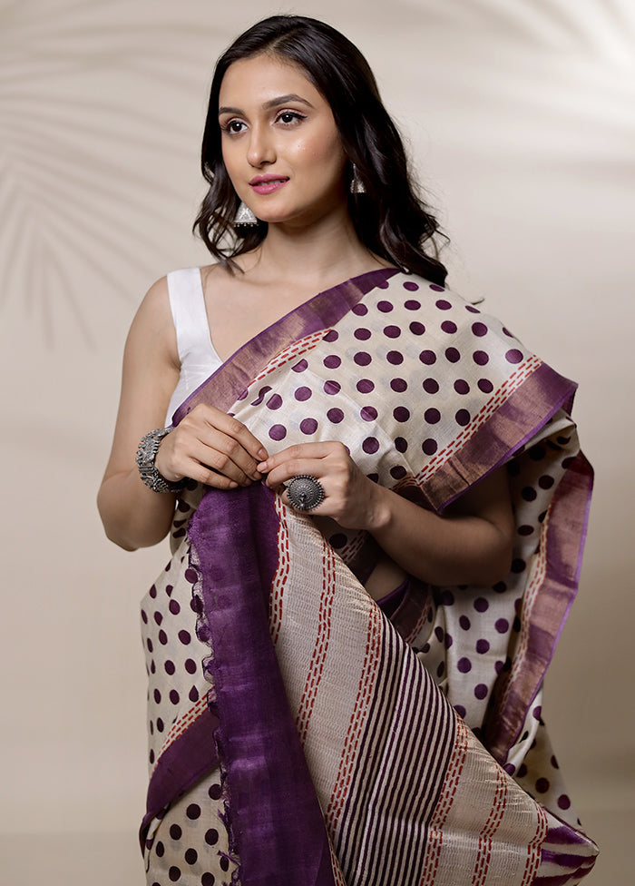 Cream Tussar Pure Silk Saree With Blouse Piece - Indian Silk House Agencies