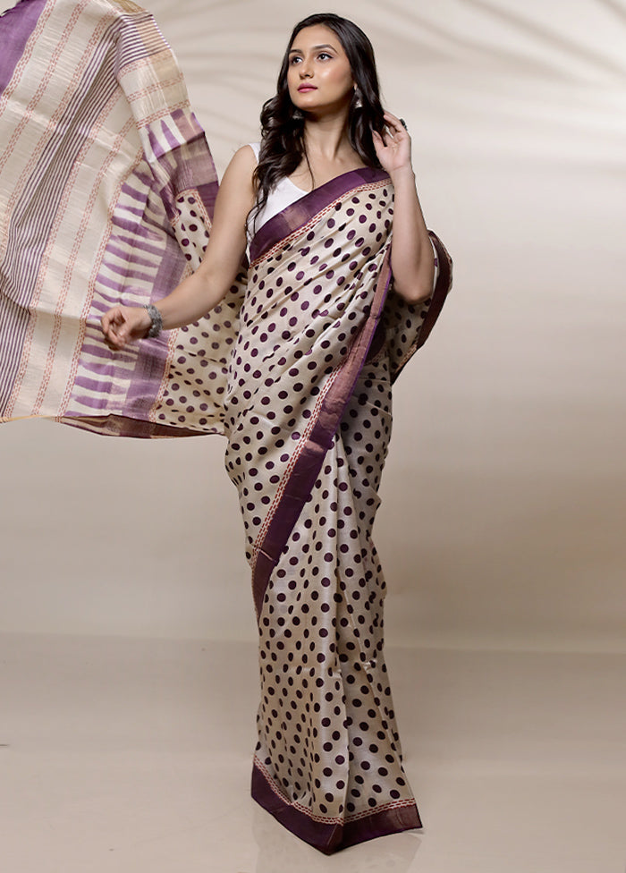 Cream Tussar Pure Silk Saree With Blouse Piece - Indian Silk House Agencies