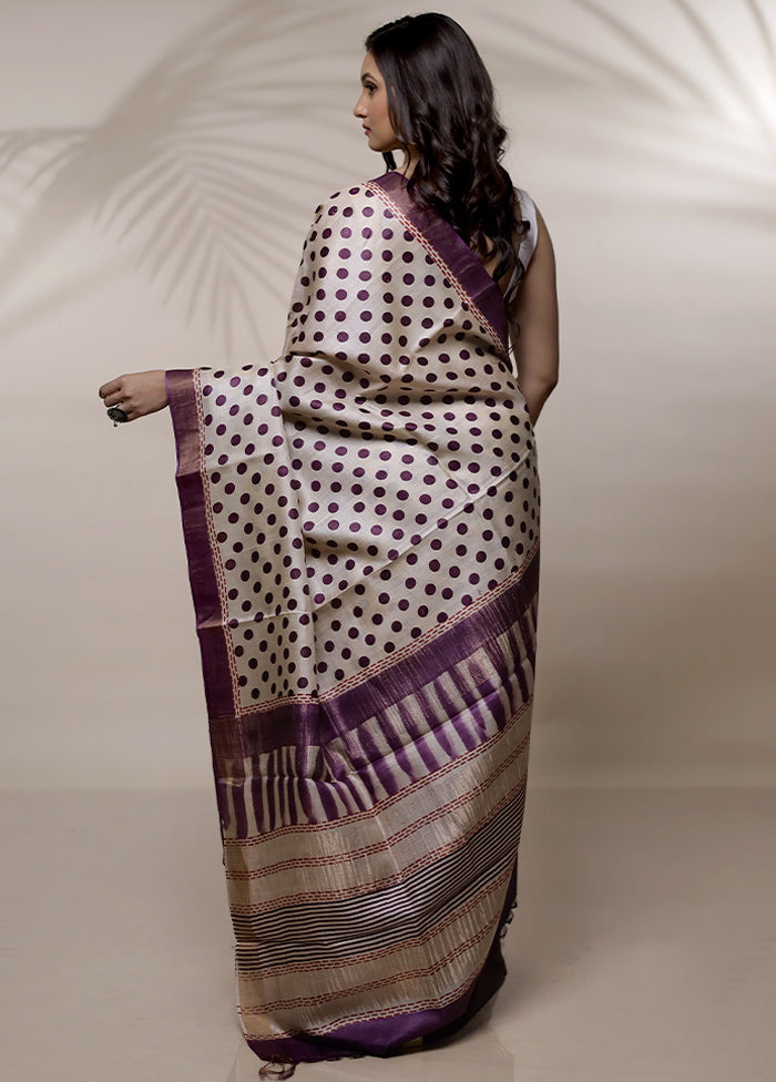 Cream Tussar Pure Silk Saree With Blouse Piece - Indian Silk House Agencies