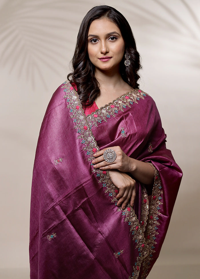 Purple Tussar Pure Silk Saree With Blouse Piece - Indian Silk House Agencies