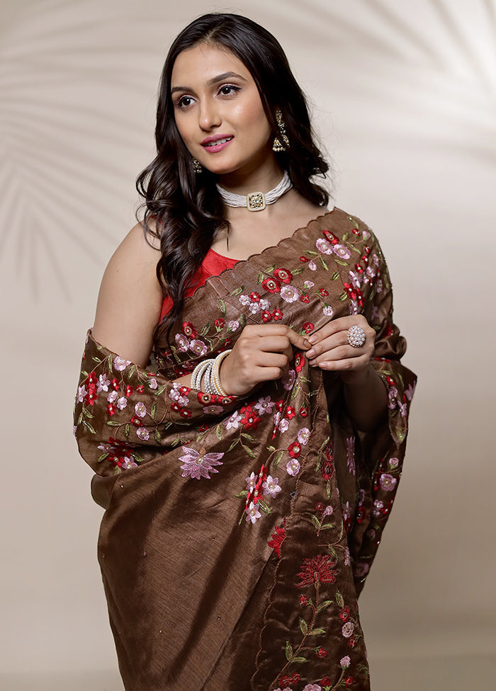 Brown Tussar Pure Silk Saree With Blouse Piece - Indian Silk House Agencies