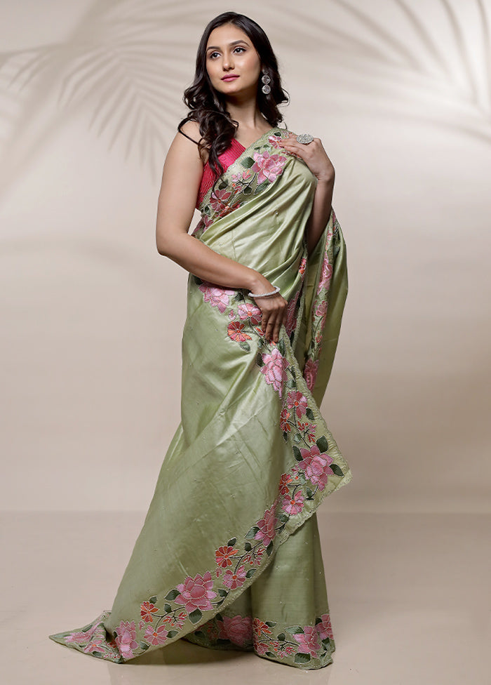 Green Tussar Pure Silk Saree With Blouse Piece - Indian Silk House Agencies