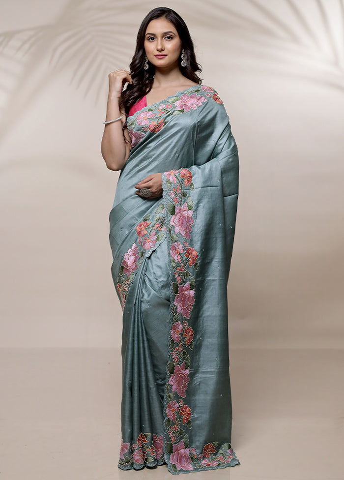 Green Tussar Pure Silk Saree With Blouse Piece - Indian Silk House Agencies