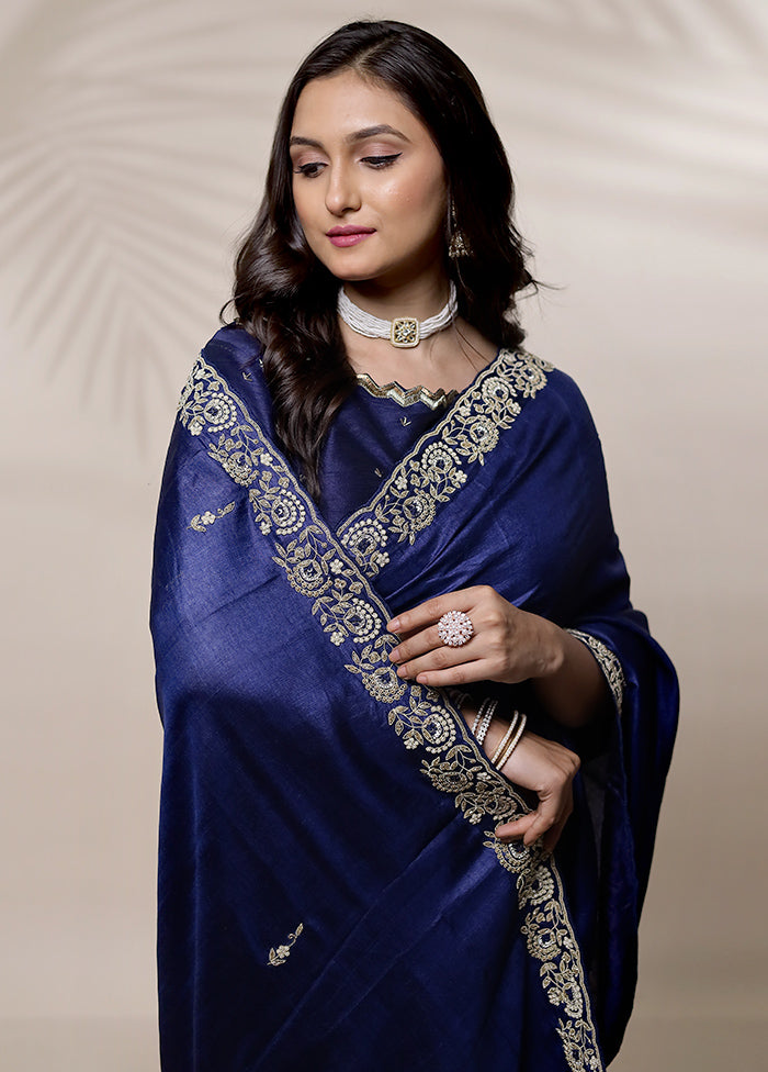 Blue Tussar Pure Silk Saree With Blouse Piece - Indian Silk House Agencies