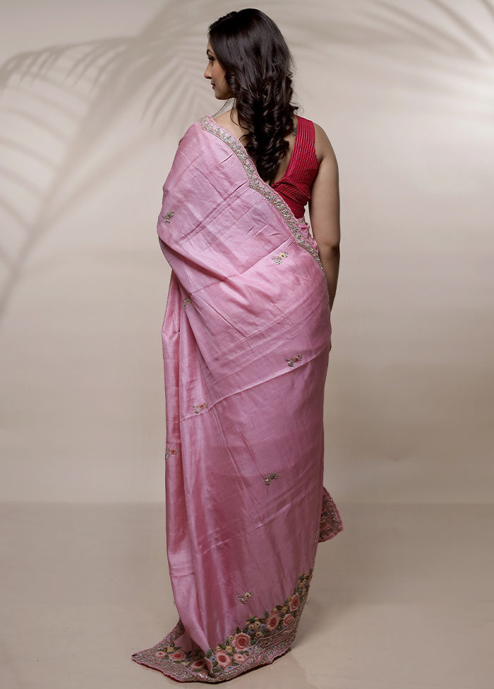 Pink Tussar Pure Silk Saree With Blouse Piece - Indian Silk House Agencies