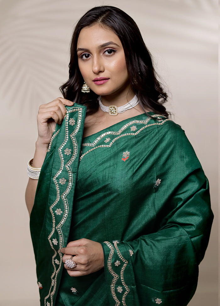 Green Tussar Pure Silk Saree With Blouse Piece - Indian Silk House Agencies