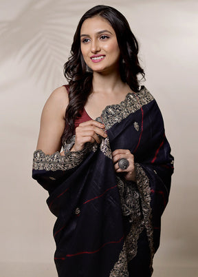 Black Tussar Pure Silk Saree With Blouse Piece - Indian Silk House Agencies