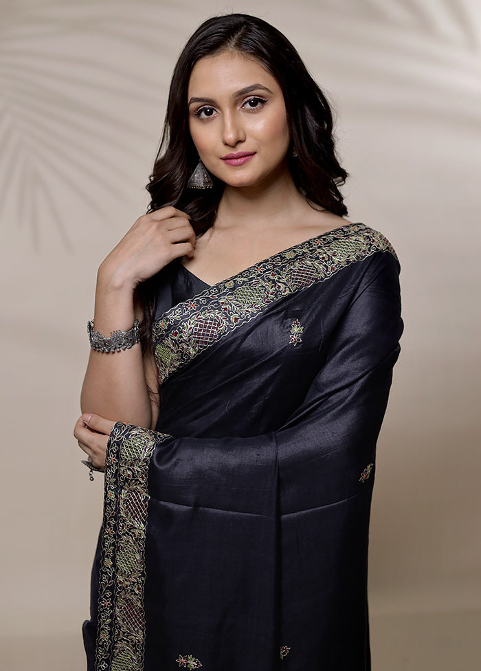 Black Tussar Pure Silk Saree With Blouse Piece - Indian Silk House Agencies