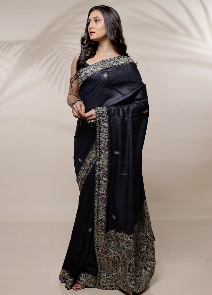 Black Tussar Pure Silk Saree With Blouse Piece - Indian Silk House Agencies